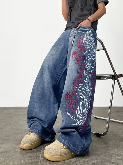 UP.THE Men'S Loose Fit Wide Leg Jeans Y2K Embroidered Totem Streetwear for Skateboarders & Everyday Wear