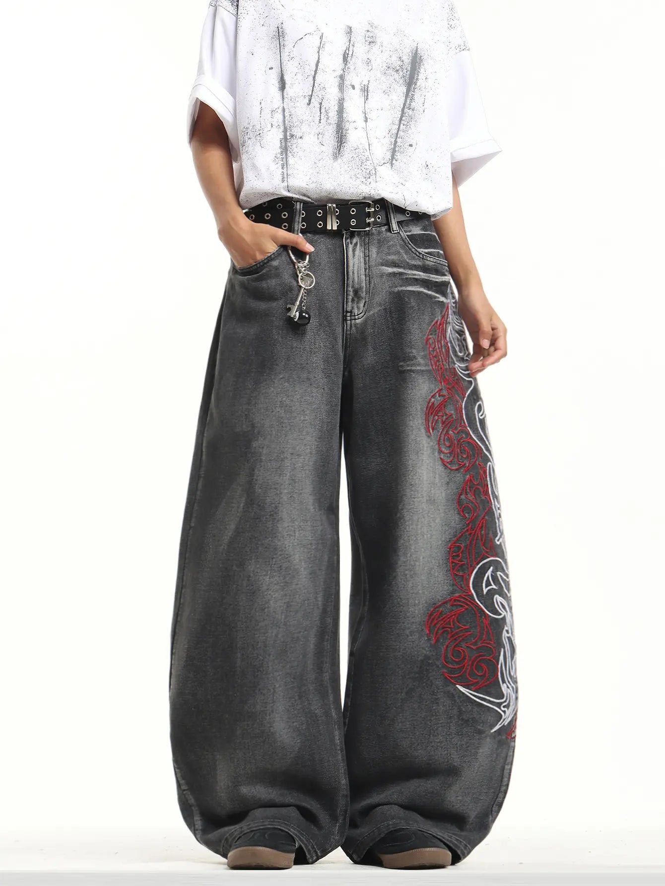 UP.THE Men'S Loose Fit Wide Leg Jeans Y2K Embroidered Totem Streetwear for Skateboarders & Everyday Wear