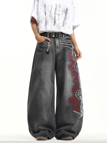 UP.THE Men'S Loose Fit Wide Leg Jeans Y2K Embroidered Totem Streetwear for Skateboarders & Everyday Wear