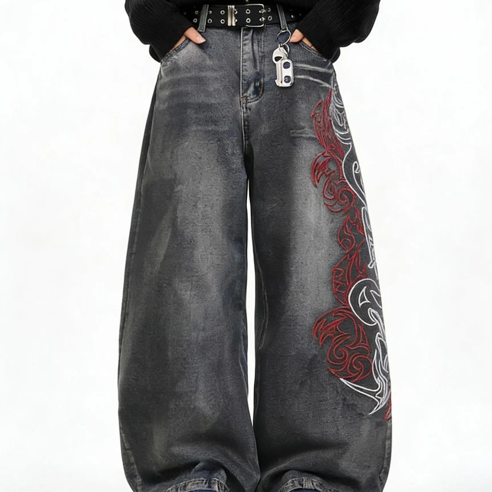 UP.THE Men'S Loose Fit Wide Leg Jeans Y2K Embroidered Totem Streetwear for Skateboarders & Everyday Wear