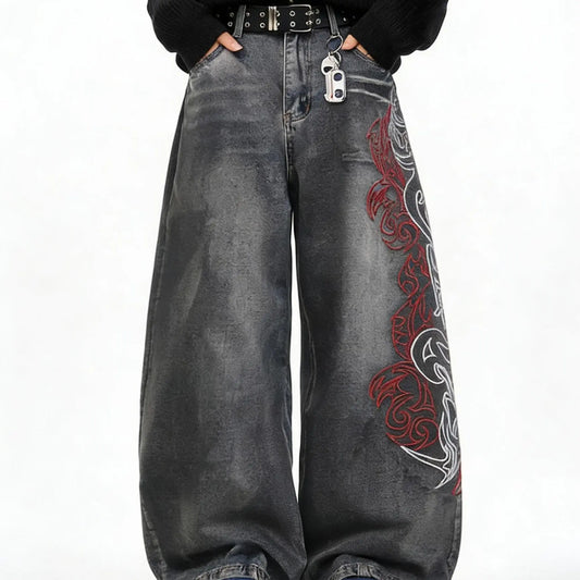 UP.THE Men'S Loose Fit Wide Leg Jeans Y2K Embroidered Totem Streetwear for Skateboarders & Everyday Wear