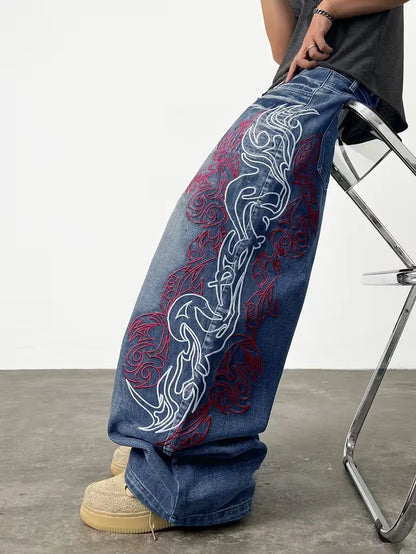 UP.THE Men'S Loose Fit Wide Leg Jeans Y2K Embroidered Totem Streetwear for Skateboarders & Everyday Wear