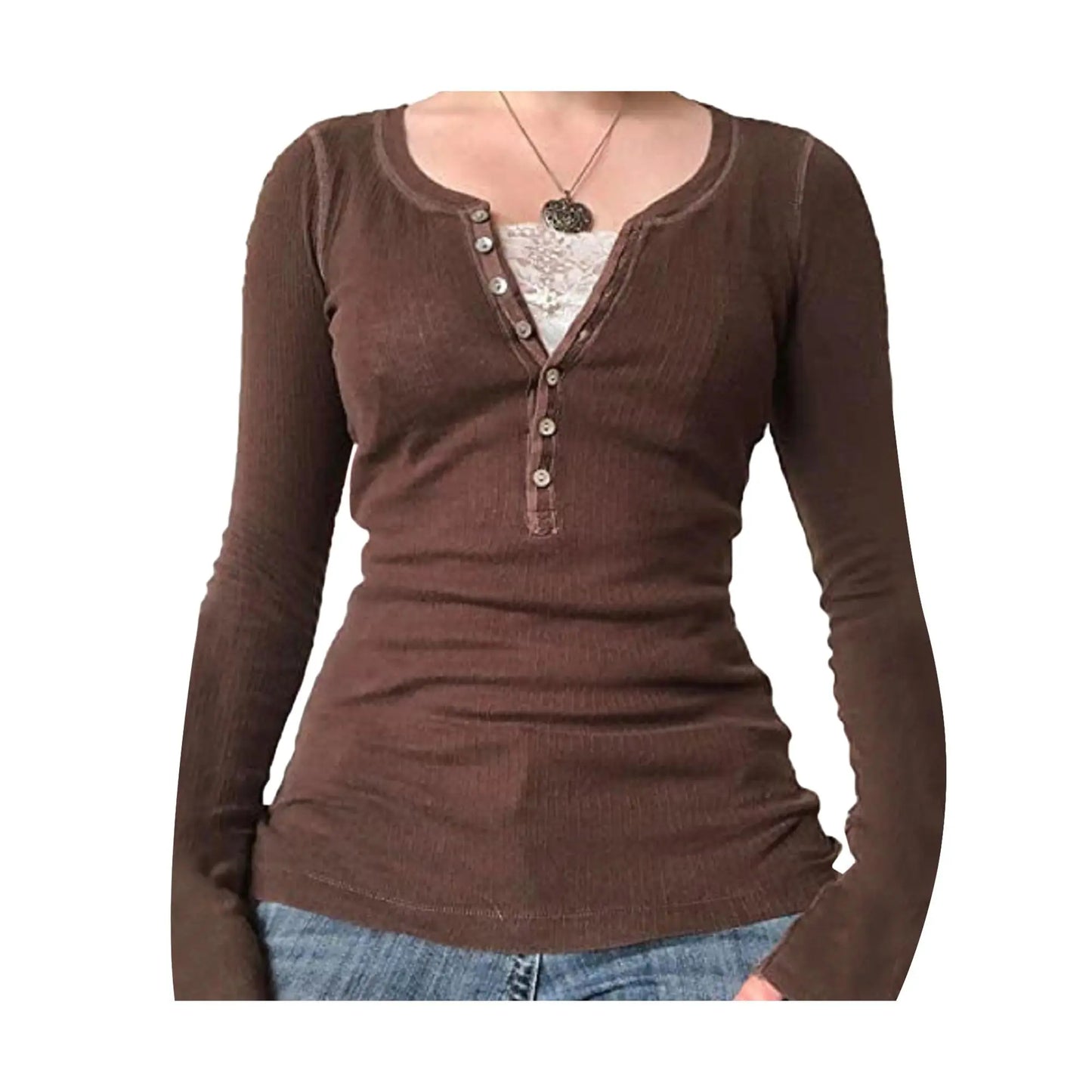 Women Long Sleeve Tops Autumn Vintage Casual Lace Patchwork 1/2 Button Pullover Shirt Club Streetwear
