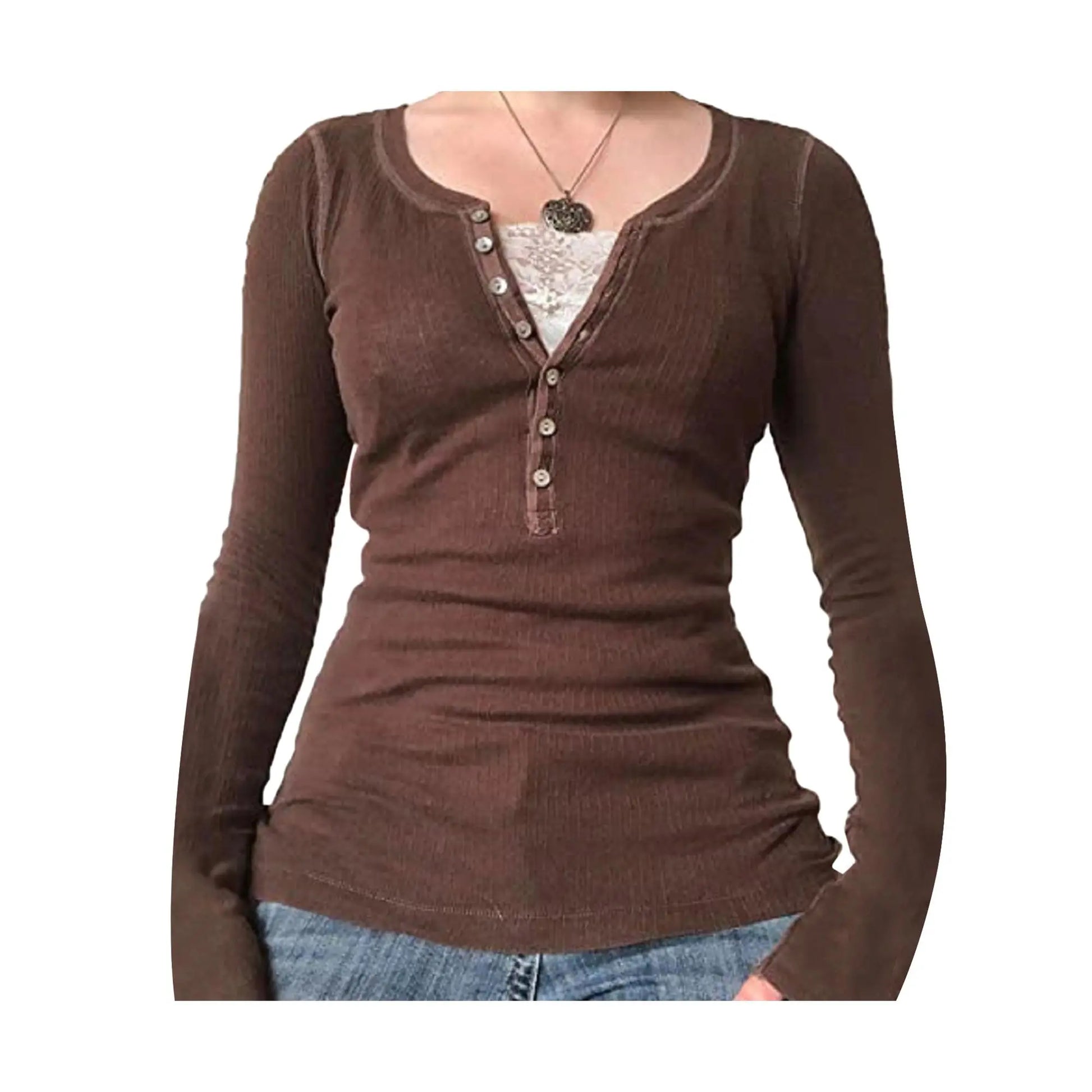 Women Long Sleeve Tops Autumn Vintage Casual Lace Patchwork 1/2 Button Pullover Shirt Club Streetwear