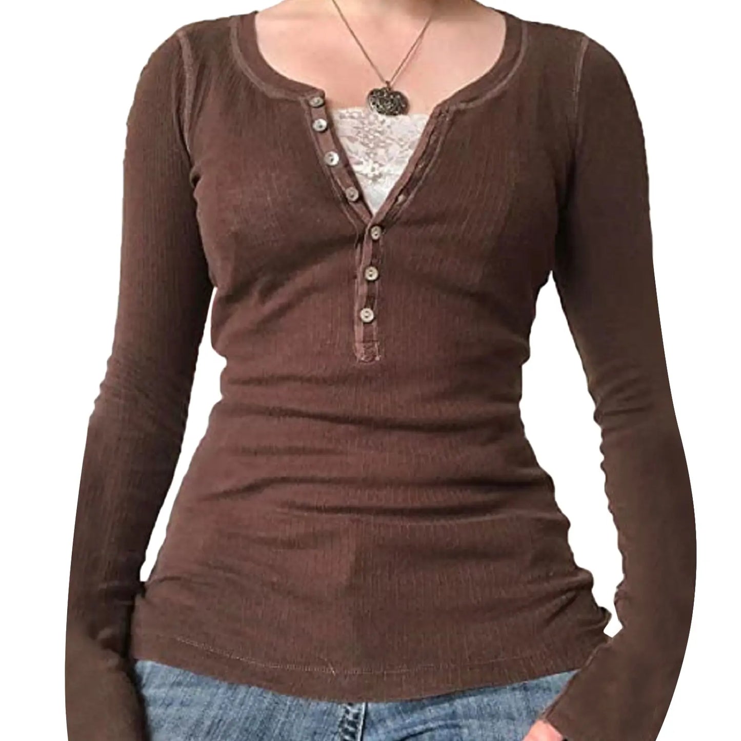 Women Long Sleeve Tops Autumn Vintage Casual Lace Patchwork 1/2 Button Pullover Shirt Club Streetwear