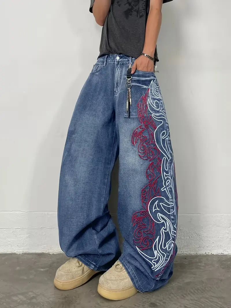 UP.THE Men'S Loose Fit Wide Leg Jeans Y2K Embroidered Totem Streetwear for Skateboarders & Everyday Wear