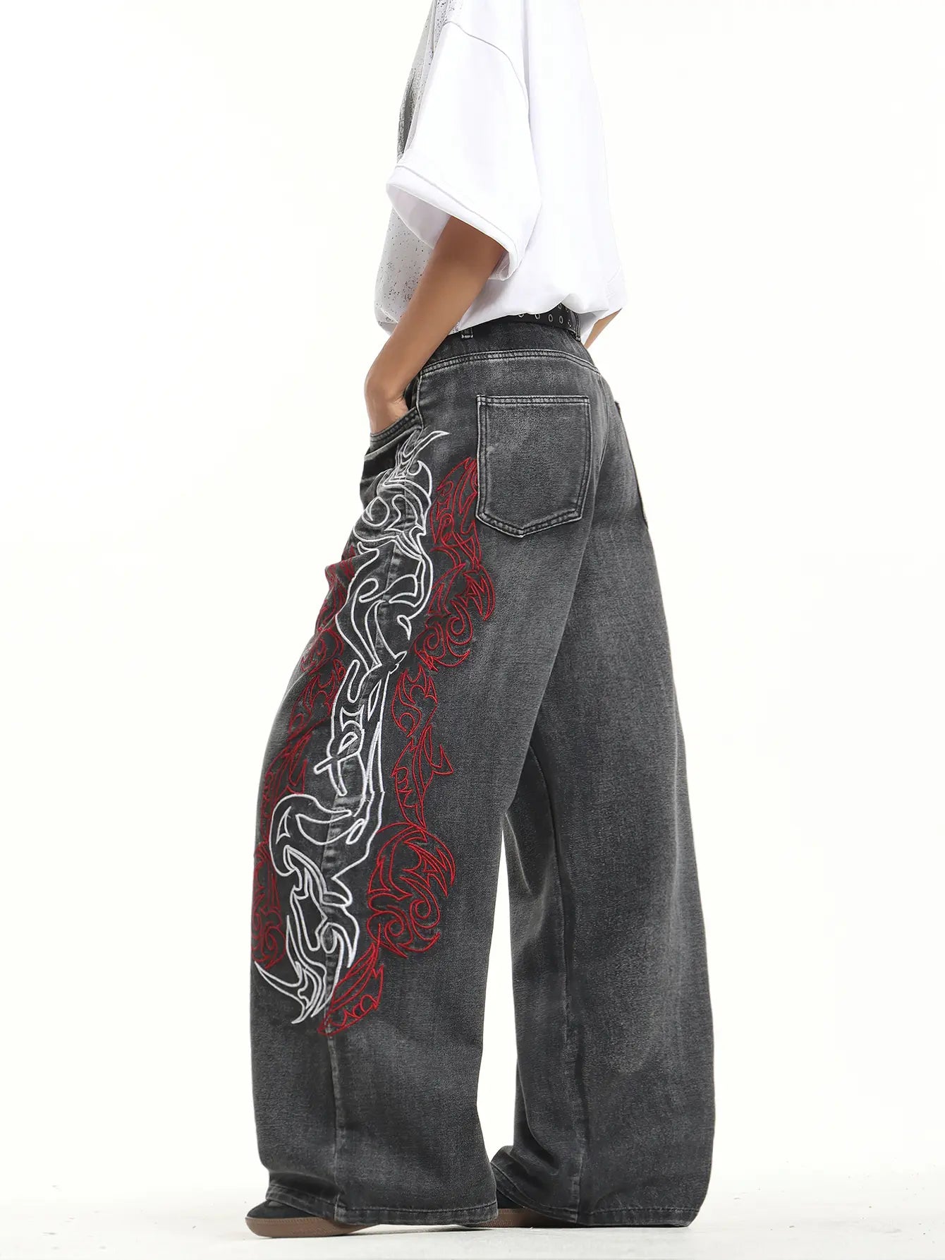 UP.THE Men'S Loose Fit Wide Leg Jeans Y2K Embroidered Totem Streetwear for Skateboarders & Everyday Wear