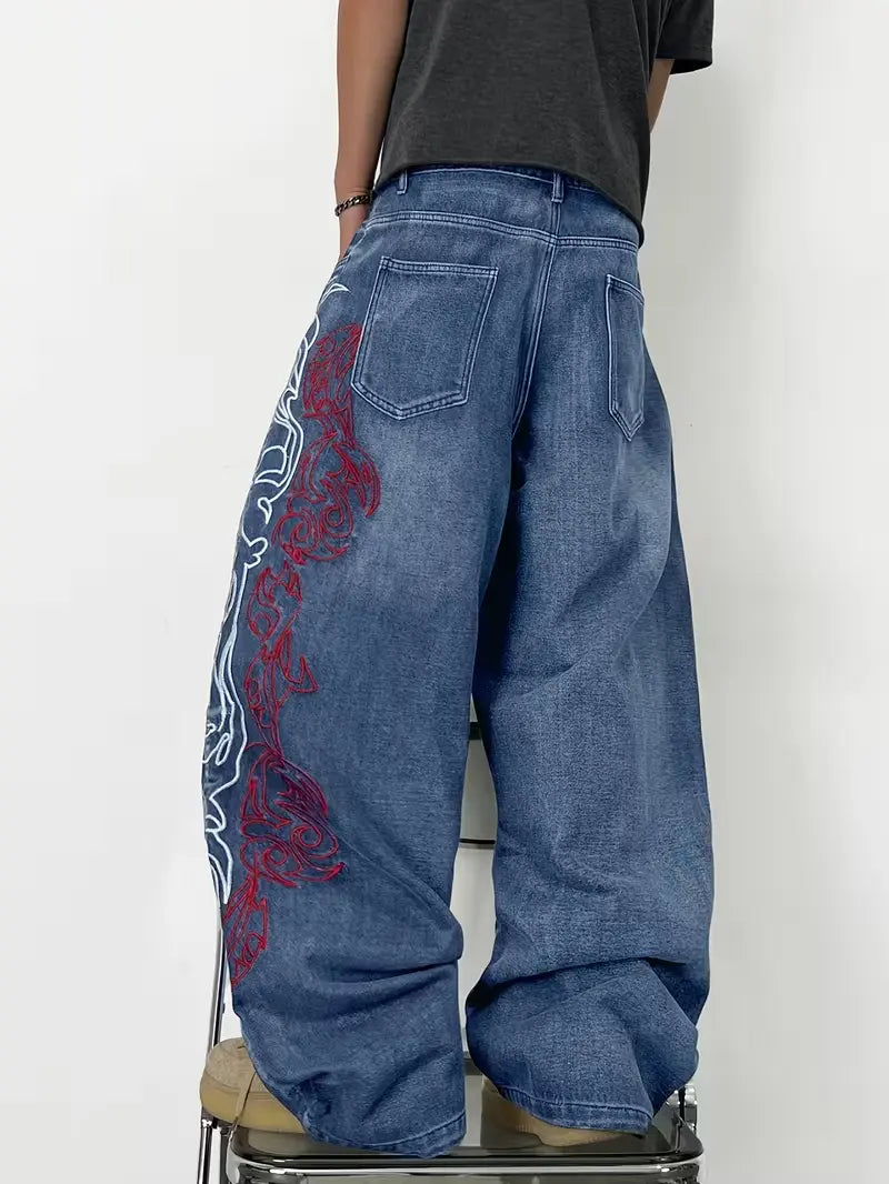 UP.THE Men'S Loose Fit Wide Leg Jeans Y2K Embroidered Totem Streetwear for Skateboarders & Everyday Wear