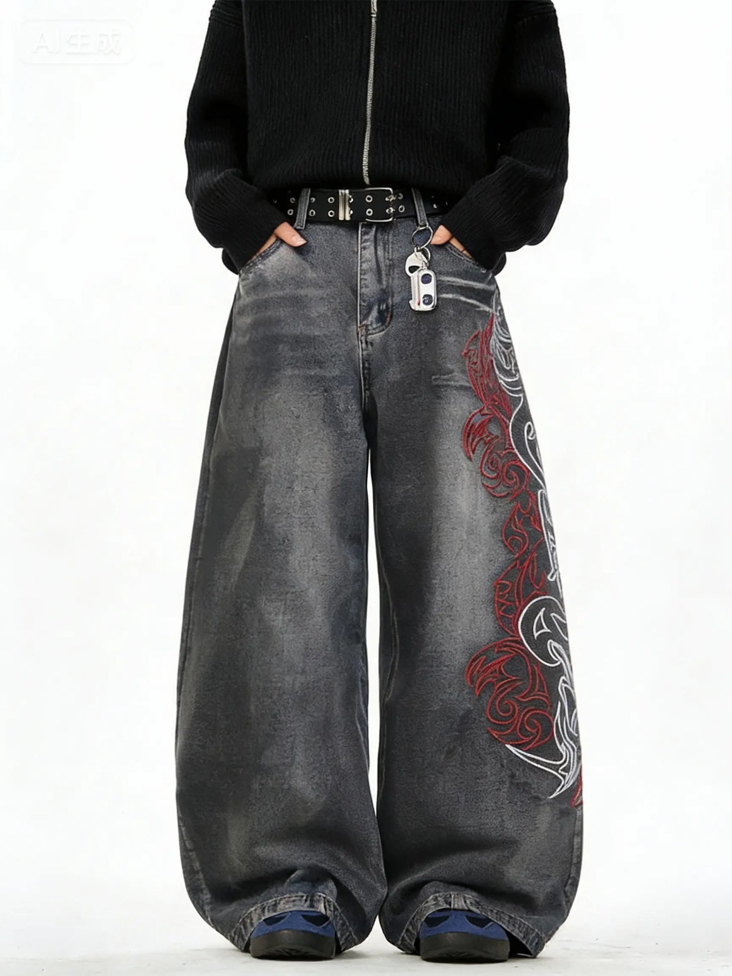 UP.THE Men'S Loose Fit Wide Leg Jeans Y2K Embroidered Totem Streetwear for Skateboarders & Everyday Wear