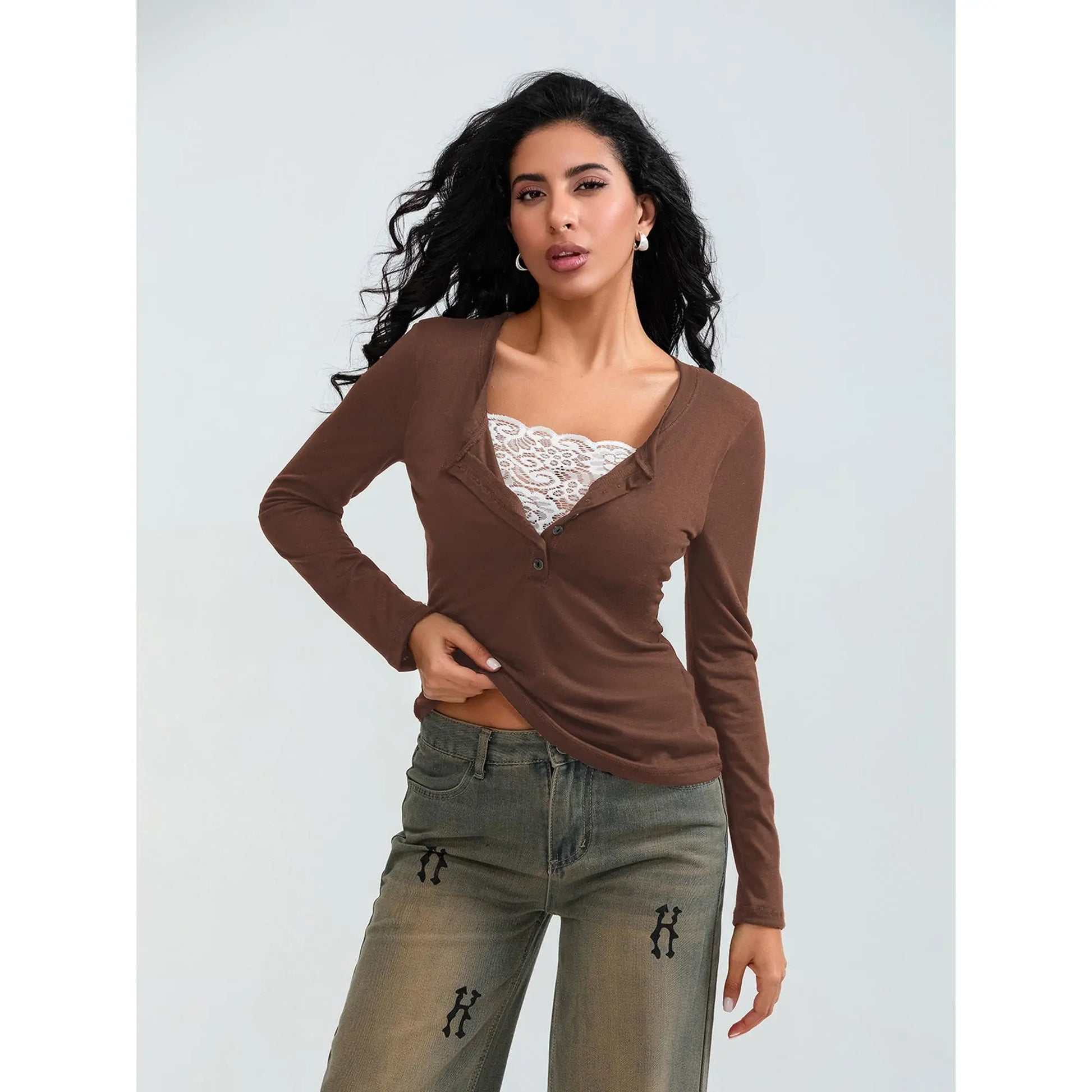 Women Long Sleeve Tops Autumn Vintage Casual Lace Patchwork 1/2 Button Pullover Shirt Club Streetwear