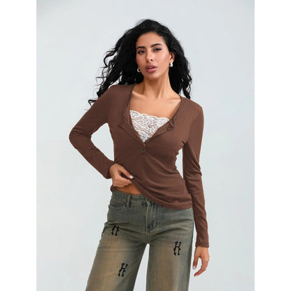 Women Long Sleeve Tops Autumn Vintage Casual Lace Patchwork 1/2 Button Pullover Shirt Club Streetwear