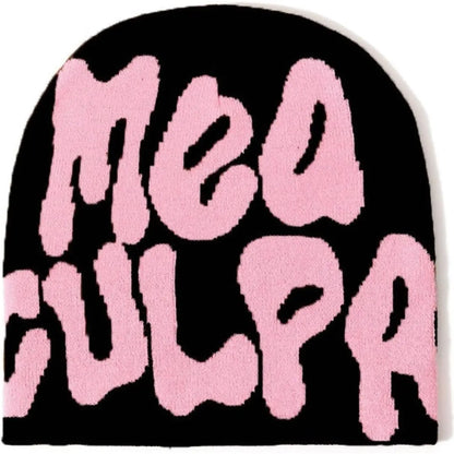 Y2K Beanie Hat Acrylic Knit Skull Cap Mea Culpa Graphic Design Winter Warm Beanies for Women Men