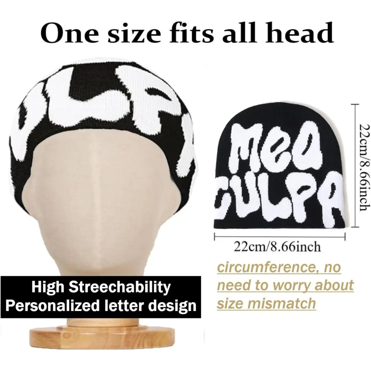 Y2K Beanie Hat Acrylic Knit Skull Cap Mea Culpa Graphic Design Winter Warm Beanies for Women Men