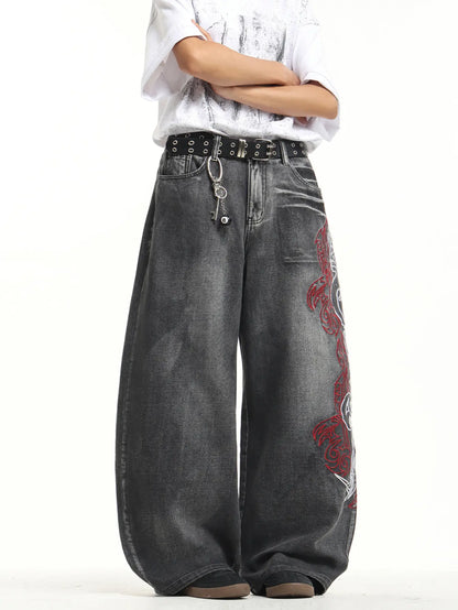 UP.THE Men'S Loose Fit Wide Leg Jeans Y2K Embroidered Totem Streetwear for Skateboarders & Everyday Wear
