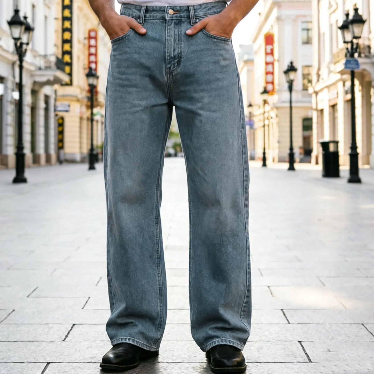 Customized Black Denim Pants Men'S Wide-Leg Jeans Loose Casual Streetwear Trousers Springstatements Pocket Menswear