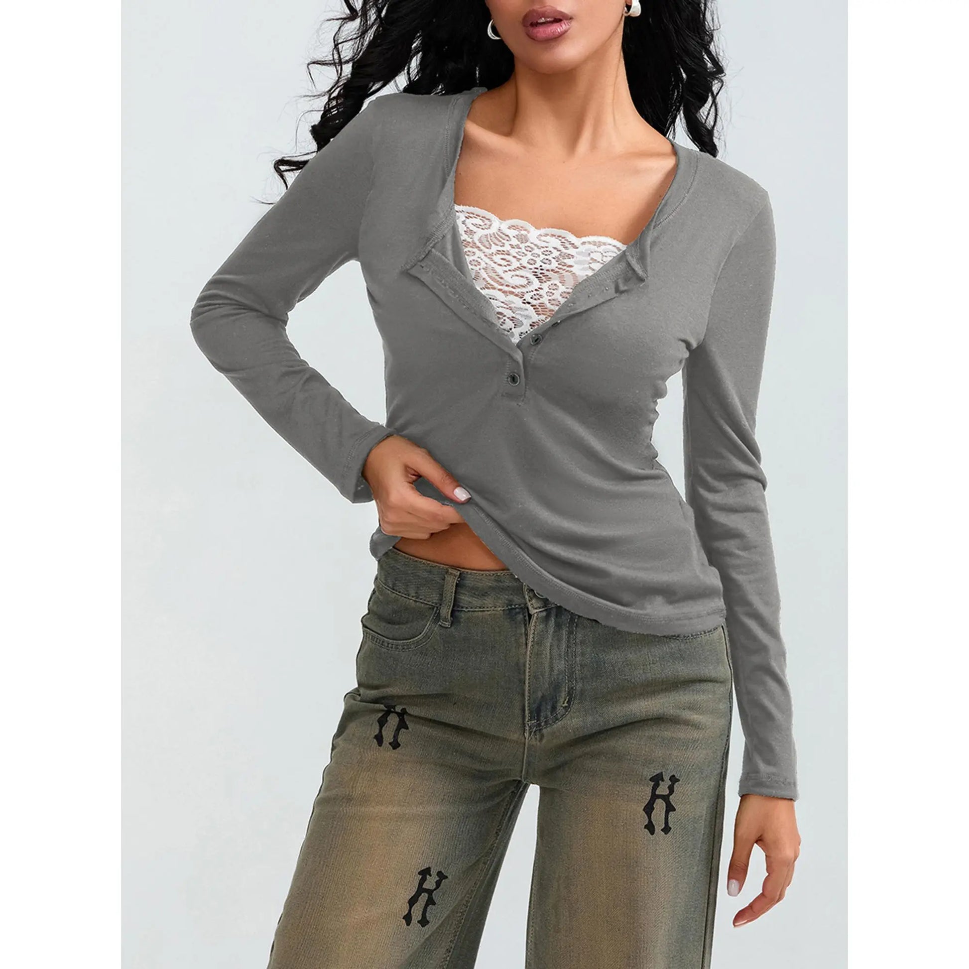 Women Long Sleeve Tops Autumn Vintage Casual Lace Patchwork 1/2 Button Pullover Shirt Club Streetwear