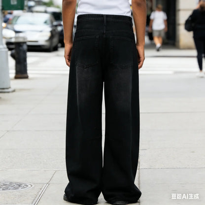 Customized Black Denim Pants Men'S Wide-Leg Jeans Loose Casual Streetwear Trousers Springstatements Pocket Menswear