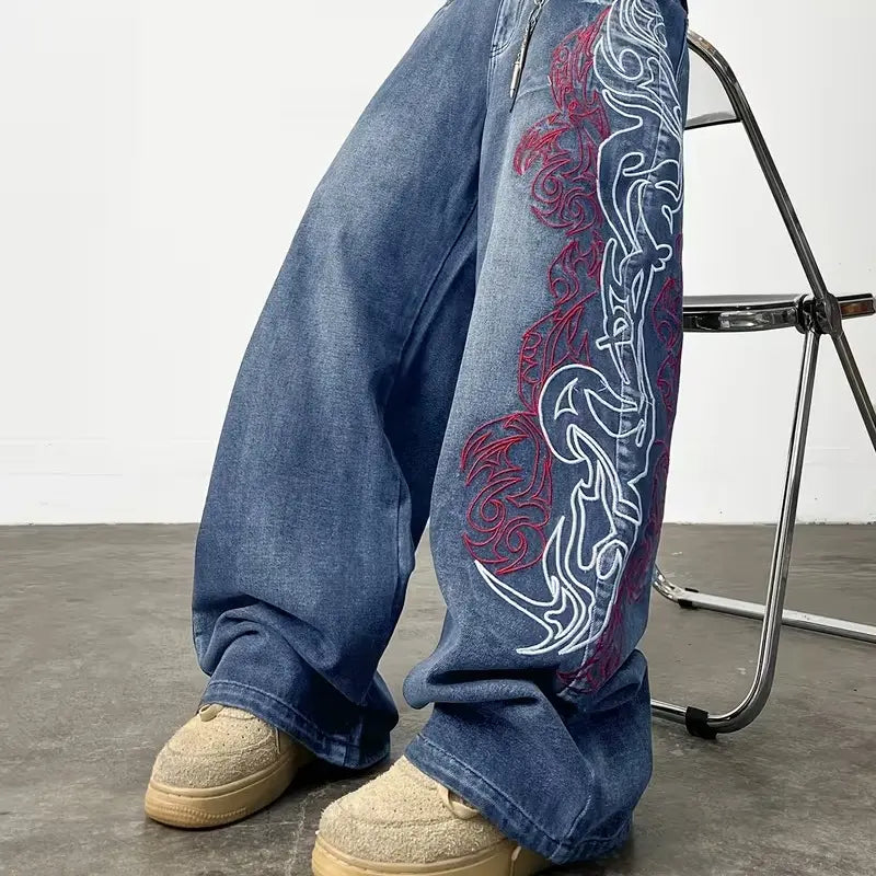 UP.THE Men'S Loose Fit Wide Leg Jeans Y2K Embroidered Totem Streetwear for Skateboarders & Everyday Wear