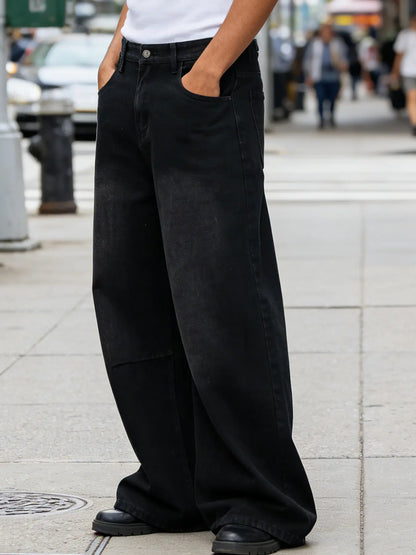 Customized Black Denim Pants Men'S Wide-Leg Jeans Loose Casual Streetwear Trousers Springstatements Pocket Menswear
