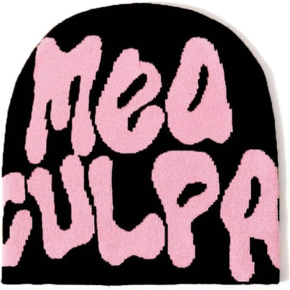 Y2K Beanie Hat Acrylic Knit Skull Cap Mea Culpa Graphic Design Winter Warm Beanies for Women Men